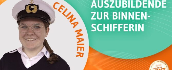 Junge Frau mit Schriftzug "Auszubildende zur Binnen-Schifferin"