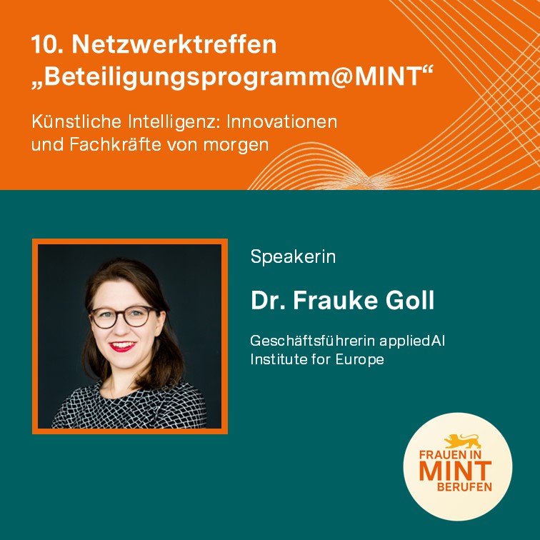 Eine Grafik, oben orange und unten grün. Darauf ist ein Bild von einer Frau mit schwarzen Haaren und dem Text: Dr. Frauke Groll