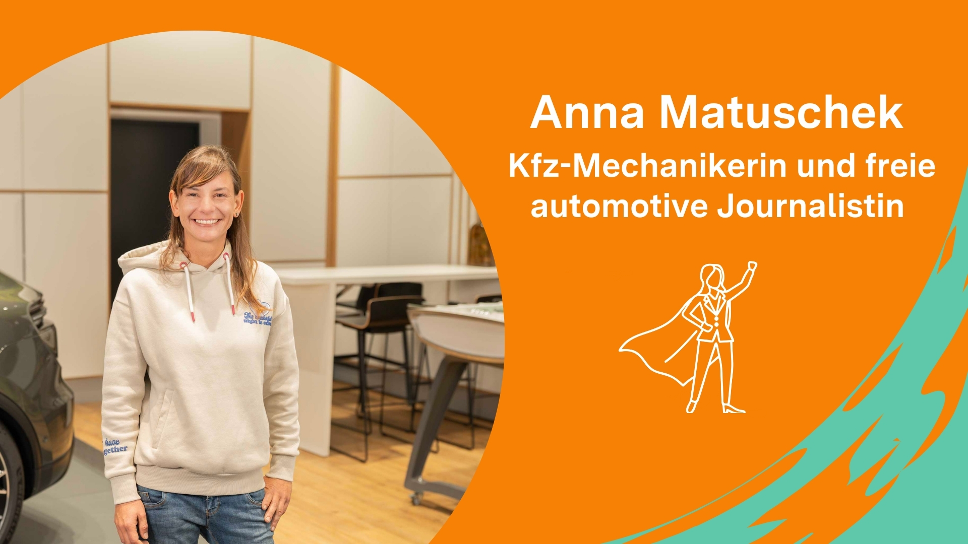 Grafik mit einer Frau in einer Werkstatt mit dem Titel: Anna Matuschek, Kfz-Mechanikerin