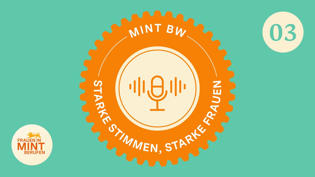Ein orangenes Zahnrad auf grünem Hintergrund mit dem Titel MINT BW: Starke Stimmen, strake Frauen